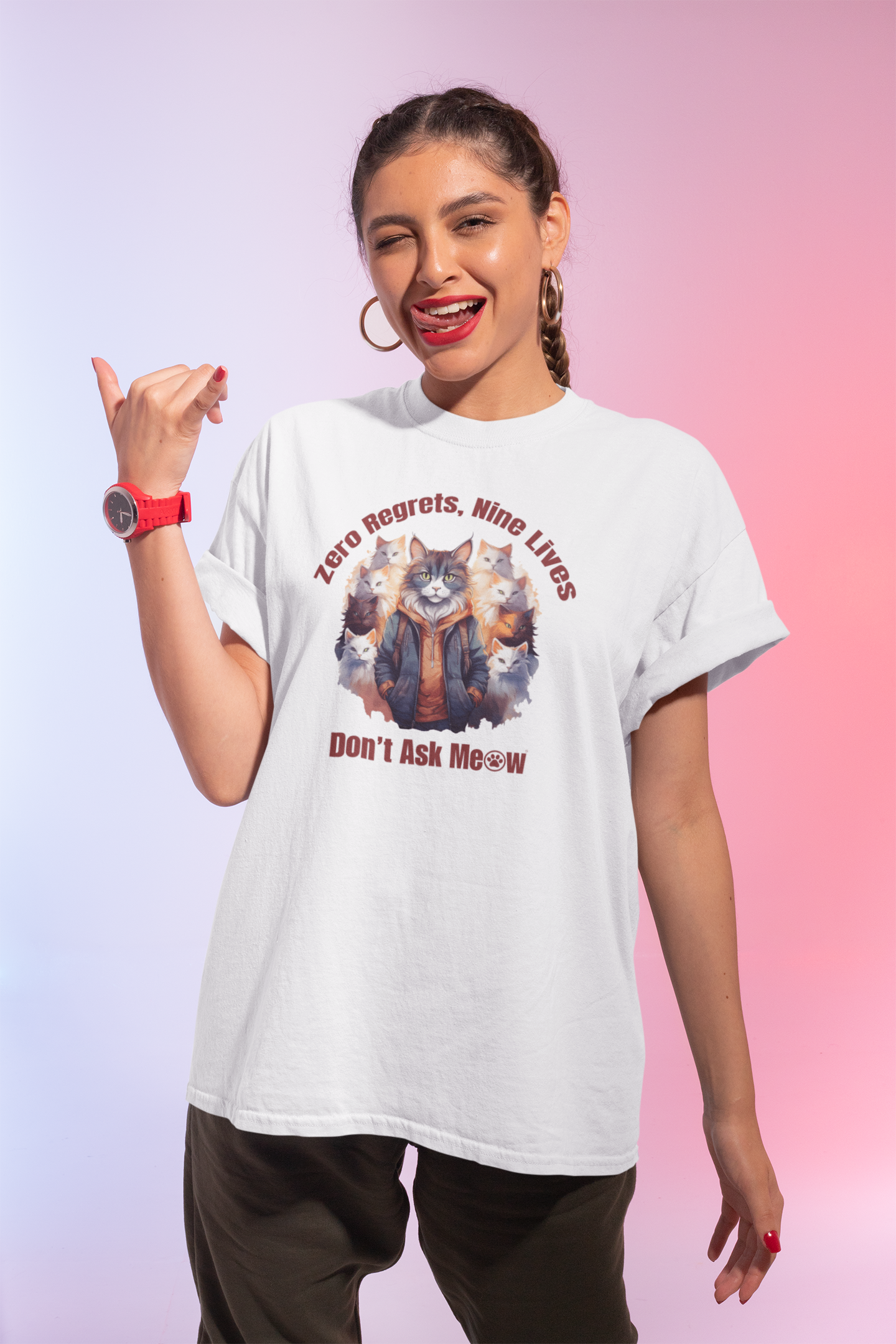 Zero Regrets Nine Lives Cat T-Shirt | Don’t Ask Meow™ Graphic Tee