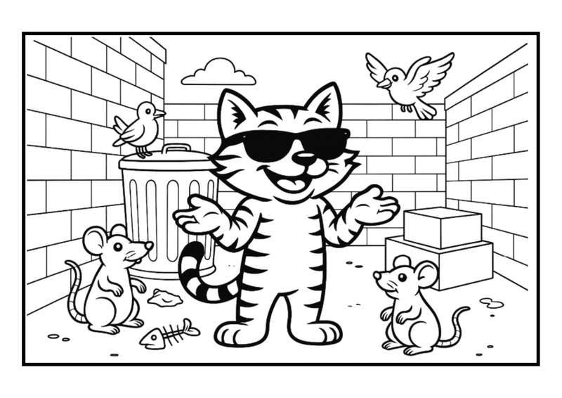 Don't Ask Meow Colouring Page - Shrugz in Alley