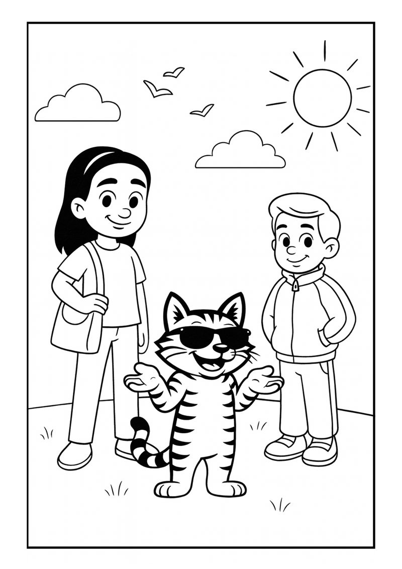 Don't Ask Meow Colouring Page - Maya, Shrugz and Oliver Sunny Day