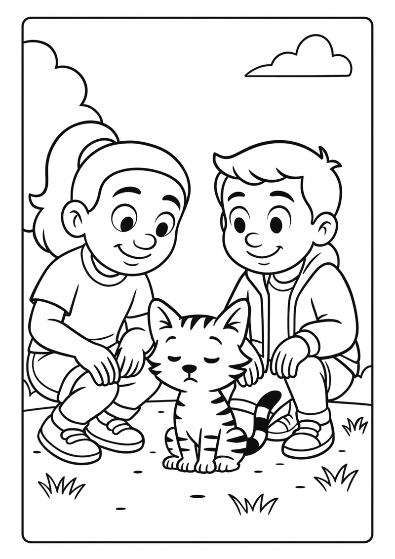 Don't Ask Meow Colouring Page - Maya and Oliver with shy Shrugz