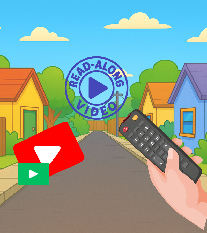 Animated scene with houses, a hand holding a remote control, and 'Read-Along Video' logo.